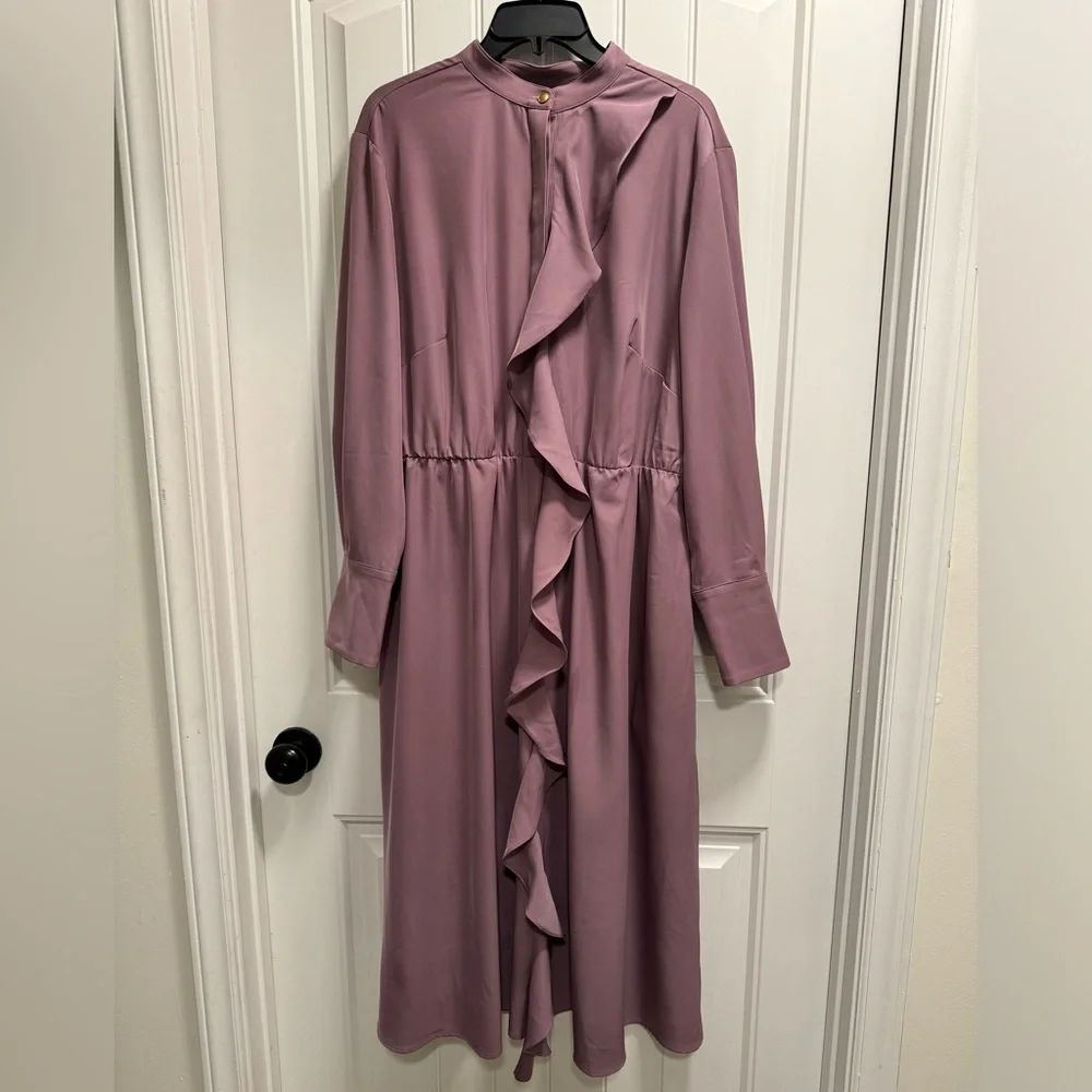 ELOQUII Women’s Mauve Long Sleeve Ruffle Front Midi Dress – Size 16 - Picture 2 of 6